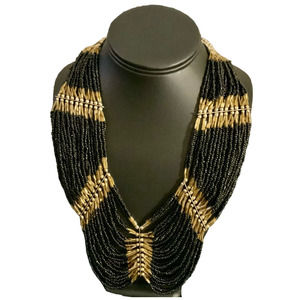 Tribal Boho Black & Gold Huge Festoon Glass Seed Bead Necklace 30 Strands 18-29"